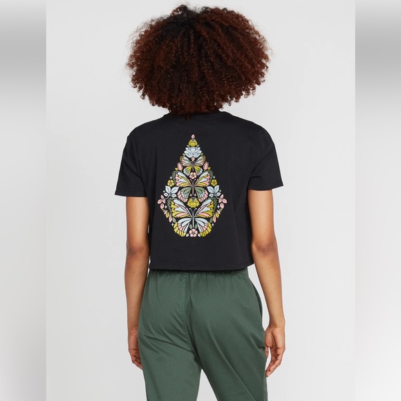 •VOLCOM•BLACK FLORAL DIAMOND CROP TEE "TRUE TO THIS" SIZE SMALL EUC - Picture 3 of 10